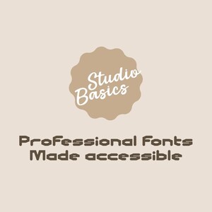 May include: A beige background with a brown, scalloped circle containing the words "Studio Basics" in white script. Below, the text reads "Professional Fonts Made accessible" in a brown, rounded font.
