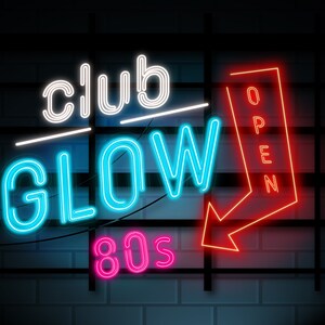 May include: Neon sign with the words "club glow 80s" in blue and pink, and "open" in red, on a brick wall background.