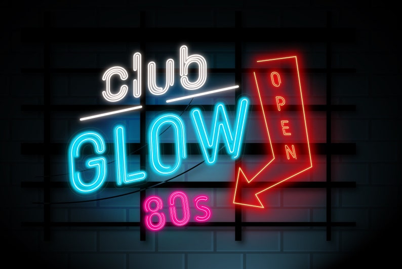 May include: Neon sign with the words "club glow 80s" in blue and pink, and "open" in red, on a brick wall background.