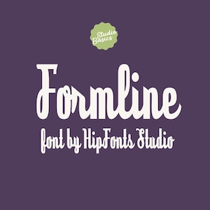 May include: A purple background with the word "Formline" in a white, cursive font. Below, in a smaller font, it reads "font by HipFonts Studio." A green circle with "Studio Basics" is at the top.