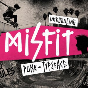 Pode incluir: Um design gráfico com um skatista no ar sobre uma tigela de skate. A palavra "Misfit" está em letras brancas grandes sobre um fundo rosa. O texto adicional inclui "Punk Typeface", "No Rules" e "Skate Destroy Repeat".