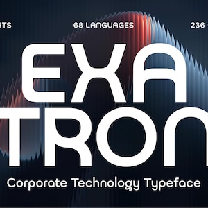 May include: A graphic with the word EXATRON in large white letters. The image also includes the text "9 Weights", "68 Languages", "236 Glyphs", and "Corporate Technology Typeface" on a dark background with blue and red accents.