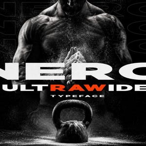 May include: A black kettlebell sits on a dark surface below a muscular torso covered in white chalk dust. The text NERO is displayed in large white letters, followed by the word ULTRAWIDE with a red R, and the word TYPEFACE below it.