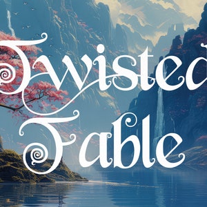 Könnte beinhalten: Eine Fantasy-Landschaft mit einem Wasserfall und rosa Bäumen. Der Text "Twisted Fable" ist in einer weißen, stilisierten Schrift geschrieben.