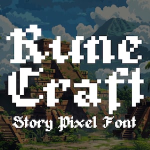 Könnte beinhalten: Eine Pixel-Schriftart namens "Jungle Craft" mit weißem Hintergrund und einer Dschungelszene im Hintergrund. Die Schriftart ist im Pixel-Stil gehalten und für die Verwendung in Videospielen und anderen digitalen Medien konzipiert.