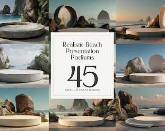 45 Realistic Beach Podium Mockups – Coastal Presentation Backdrops for Products and Branding Instant Download Commercial Use Allowed