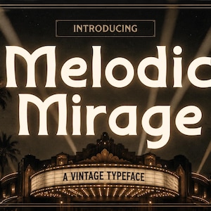 Puede incluir: Un gráfico digital que presenta el texto INTRODUCING, Melodic Mirage y A VINTAGE TYPEFACE en una fuente serif de color crema. El fondo muestra una escena oscura y atmosférica de una marquesina de teatro con letreros de Hollywood.