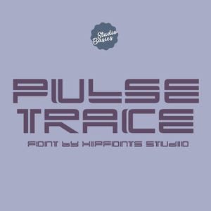 May include: A digital graphic design featuring the words "PULSE TRACE" in a stylized, geometric font. The text is in a muted purple color against a light purple background. The text "FONT BY HIPFONTS STUDIO" is also included.