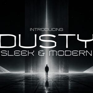 May include: A black and white graphic featuring a silhouette of a person standing before a tall, illuminated structure. The text reads INTRODUCING DUSTY SLEEK & MODERN in a stylized white font against a dark, atmospheric, and geometric background.