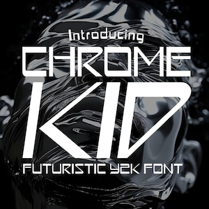 May include: A digital graphic featuring the text "Introducing CHROME KID FUTURISTIC Y2K FONT" in white, bold, block letters. The background is a dark, glossy, abstract design. The overall aesthetic is futuristic and modern.