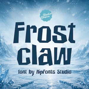 May include: A digital graphic featuring the text "Studio Basics", "Frost claw", and "font by Hipfonts Studio" in dark blue lettering. The background displays a snowy mountain landscape with sharp, translucent blue ice crystals in the foreground.