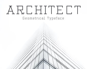 Puede incluir: Una imagen en blanco y negro de un edificio alto con un diseño geométrico. El edificio está hecho de vidrio y metal. La imagen está tomada desde un ángulo bajo, mirando hacia arriba al edificio. El texto "ARCHITECT Geometrical Typeface" está en la parte superior de la imagen.