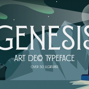 Puede incluir: Un diseño gráfico para una tipografía llamada "Genesis" en una fuente de estilo Art Deco blanca. El texto se coloca sobre un fondo azul oscuro con un faro y un barco en la distancia. El texto dice "Genesis Art Deco Typeface Over 50 Ligatures".