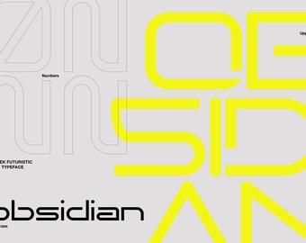 Puede incluir: Diseño de tipografía futurista y elegante de ciencia ficción. La imagen presenta la palabra "Obsidian" en mayúsculas y minúsculas, junto con números y letras en un estilo geométrico audaz. La combinación de colores es principalmente gris y amarillo.