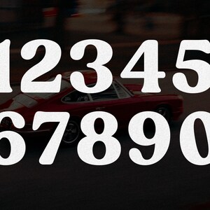 May include: A graphic design featuring the white numbers 1, 2, 3, 4, 5, 6, 7, 8, 9, and 0 arranged in two rows. Behind the numbers, a red sports car is captured in motion on a dark road, creating a blurred background effect that highlights the bold typography.
