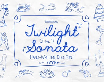 May include: A blue and white hand-drawn illustration of a wedding font called "Twilight Sonata" with the text "2 in 1!" and "HAND-WRITTEN DUO FONT". The illustration is surrounded by various wedding-themed icons, including a cake, a dove, a ring, a champagne bottle, a candle holder, and a heart.