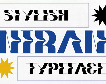 Puede incluir: Una ilustración de diseño gráfico de la palabra "Stylish" en negro, "Niran" en azul y "Typeface" en negro. La imagen también incluye una estrella negra y una estrella amarilla.