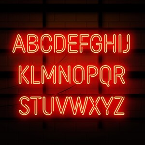 May include: Red neon letters spelling out the alphabet, A through Z, on a dark brick wall background.