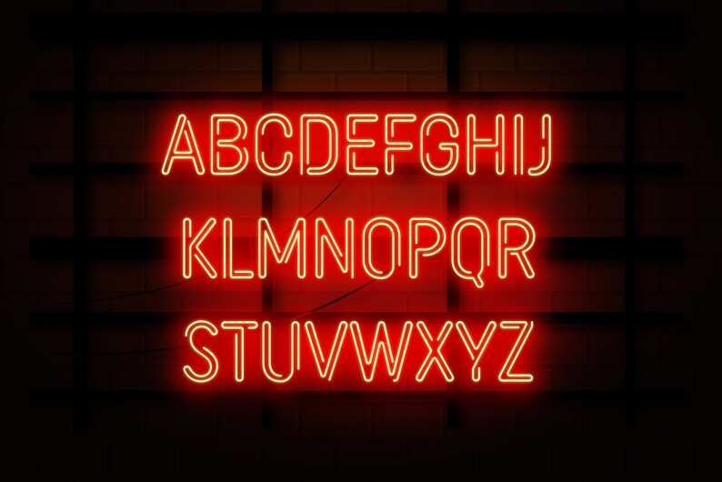 May include: Red neon letters spelling out the alphabet, A through Z, on a dark brick wall background.
