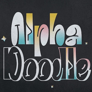 May include: A colourful graphic design with the text "Alpha Doodle" in a stylised font. The text is in shades of blue, pink, yellow, and white on a black background.
