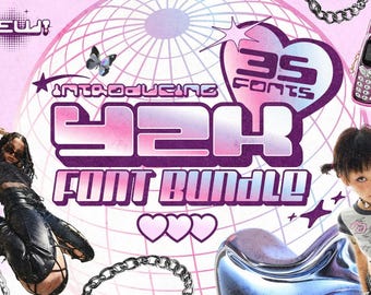 Y2K-Schriftartenpaket | 35 Retro-Schriftarten der frühen 2000er für Vaporwave und Cyber Design (Sofort-Download)