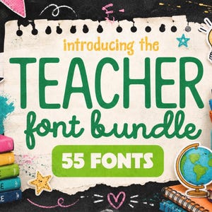 May include: An image promoting a teacher font bundle. The text "introducing the TEACHER font bundle" is displayed on a torn paper background. The image includes school-themed illustrations, a stack of books, and the text "55 FONTS".