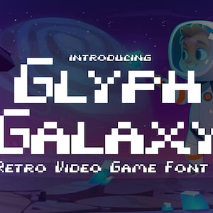 Pode incluir: Uma ilustração que promove uma fonte de videogame retrô chamada "Glyph Galaxy". A imagem apresenta um design de fonte pixelado em branco, em um fundo temático espacial com um personagem de astronauta.