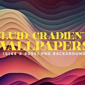 May include: Abstract digital art featuring layered, fluid-like shapes in shades of red, orange, yellow, and purple. The text "FLUID GRADIENT WALLPAPERS" is displayed in yellow, along with the number 12 and dimensions.