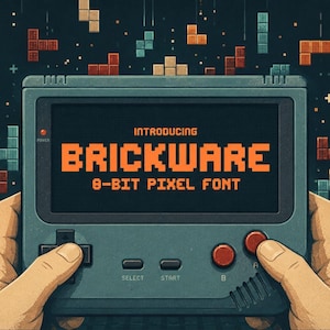 May include: A handheld gray gaming console with a screen displaying the orange text INTRODUCING BRICKWARE 8-BIT PIXEL FONT. The screen is surrounded by a dark background featuring falling geometric blocks, a score of 1988, and level 08.