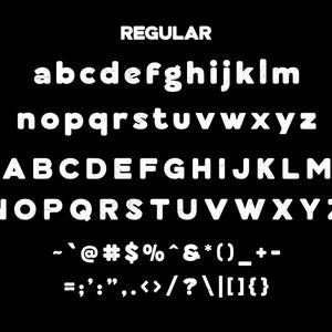 May include: A black background displays the word "REGULAR" above a white font set. The font includes lowercase and uppercase letters, numbers, and symbols. The letters are rounded and bold.