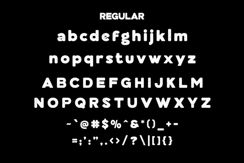 May include: A black background displays the word "REGULAR" above a white font set. The font includes lowercase and uppercase letters, numbers, and symbols. The letters are rounded and bold.