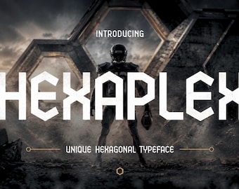 Könnte beinhalten: Werbebild mit dem Wort "HEXAPLEX" in einer markanten, sechseckigen Schriftart. Die Texte "INTRODUCING" und "UNIQUE HEXAGONAL TYPEFACE" sind ebenfalls zu sehen. Eine Person in Football-Ausrüstung steht vor einer futuristischen Struktur.