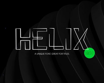 Puede incluir: Un diseño de fuente blanca con la palabra "HELIX" en estilo geométrico. El texto está sobre un fondo negro con una superficie curvada y texturizada. La palabra "NUEVO" está en un círculo verde debajo del texto.