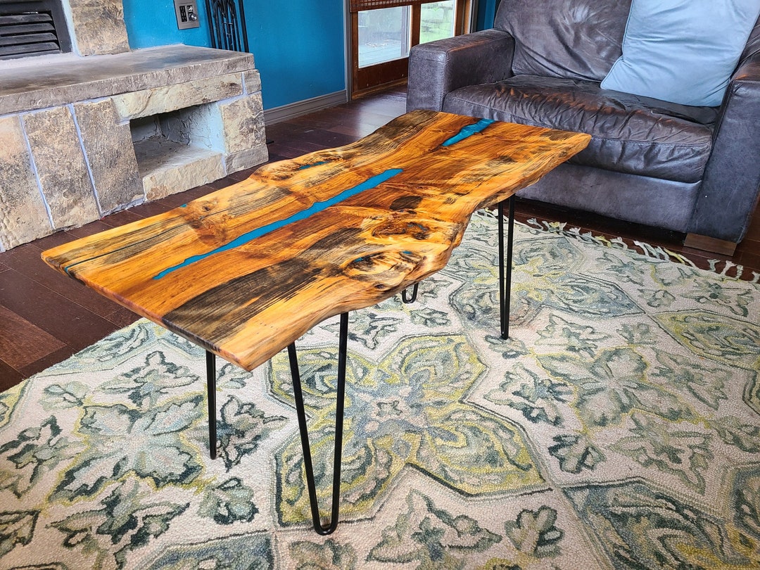 Norfolk Island Pine, Natural Edge, Coffee Table With Blue/green