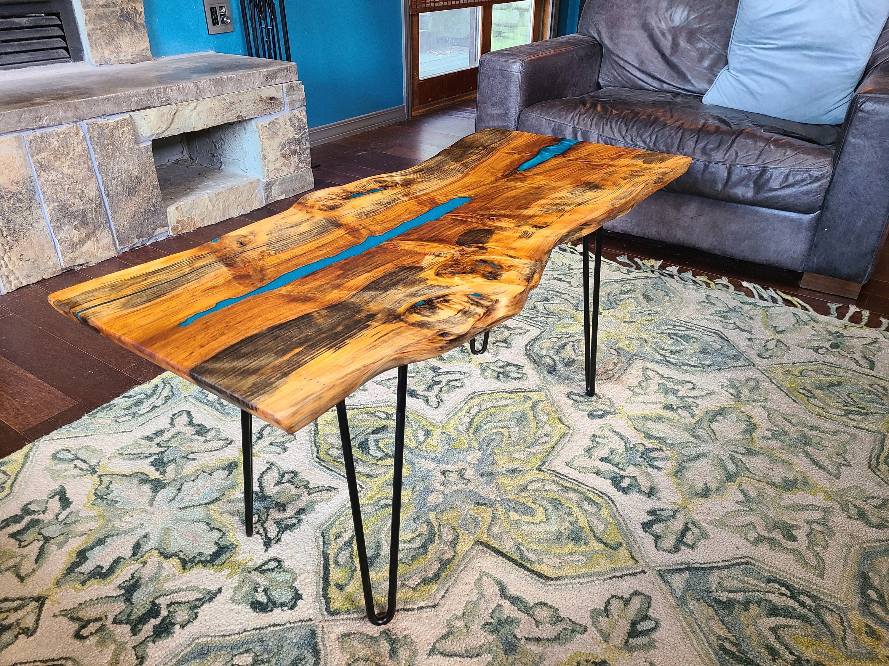 Norfolk Island Pine, Natural Edge, Coffee Table With Blue/green