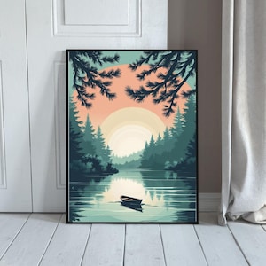 Minimalist River Landscape Print: Whispering Pines Vector Art (Digital Download