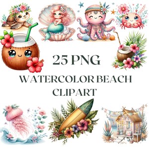 Tropischer Strand Aquarell Clipart - Küsten PNG Elemente für digitales Design - Ozean ästhetische Grafik Download