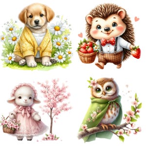 Whimsical Spring Animals Clipart - Cute Watercolor Animal Illustrations - Instant Digital Download