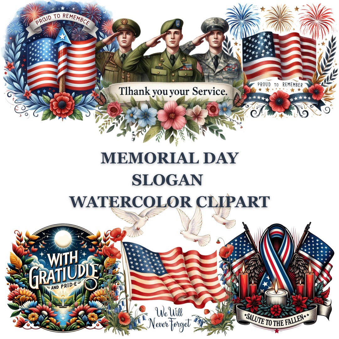 Memorial Day Watercolor Clipart | Patriotic USA Slogan PNG | 4th of ...