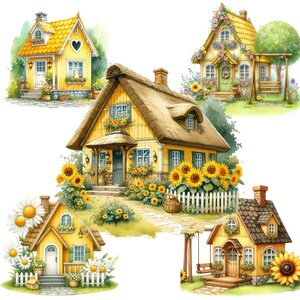 Yellow Cottage Clipart: Whimsical Watercolor Houses (Digital Download)