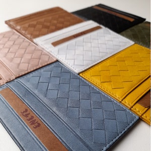 Handgeweven leren creditcardhouder, unisex slanke portemonnee voor visitekaartjes, Intrecciato-kaarthouder, luxe Moederdagcadeaus, schattige mini-portemonnee