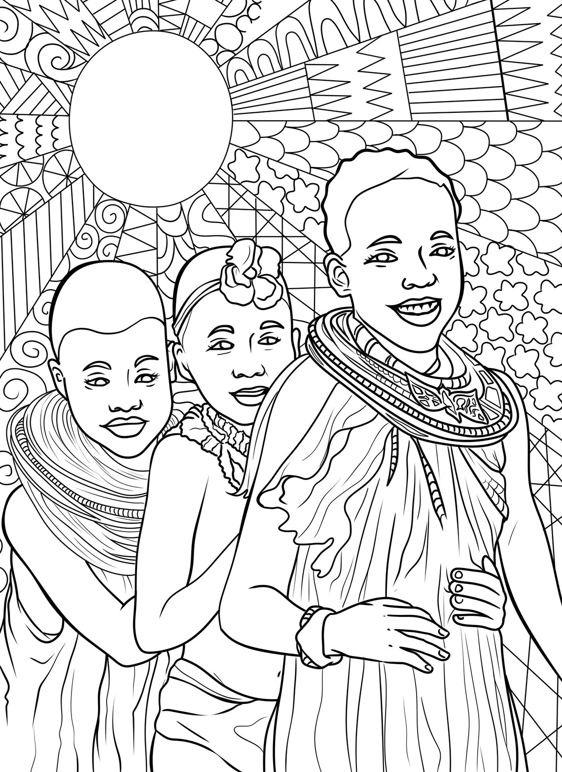 African Coloring Page Maasai Tribe Kids In Vibrant Sun Etsy