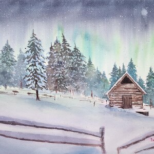 Paesaggio invernale n. 2 Dipinto ad acquerello originale Aurora boreale Opera d'arte unica nel suo genere di T. Plekhanova
