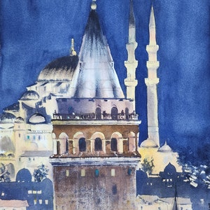 Torre di Galata Dipinto ad acquerello originale Dipinto di Istanbul Arte urbana Belle arti Arazzo Decorazione per la casa Dipinto murale Regalo fatto a mano