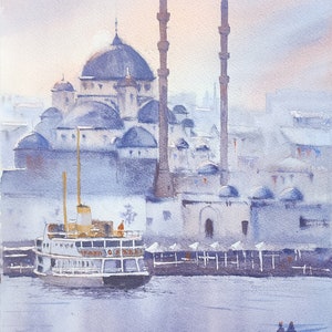 Nuova moschea Dipinto ad acquerello originale Dipinto di Istanbul Arte urbana Dipinto di moschea Arazzo Decorazione per la casa Dipinto murale Regalo fatto a mano