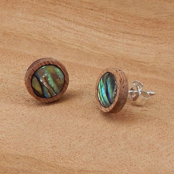 Stud earrings 9 mm round, wood, abalone shell, 925 silver