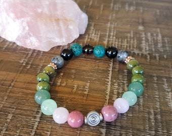 Heart Healing Crystal Bracelet | Rhodonite, Aventurine, Black Moon Stone, Chrysoprase, Black Obsidian, Rose Quartz, Smokey Quartz