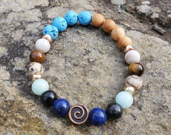 Purpose Healing Crystal Bracelet | Lapis lazuli, Sunstone, Tiger eye, Feldspar, Amazonite, Astrophyllite, Sandalwood, Lava stone