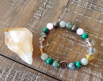 Abundance + Prosperity Healing Crystal Bracelet | Moss Agate, Pyrite, Rose Quartz, Malachite, Clear Quartz, Citrine, Labradorite
