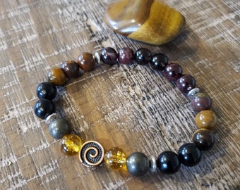 Inner strength Healing Crystal Bracelet | Citrine, Pyrite, Obsidian, Tiger Eye, Tiger Iron, Red Garnet, Smokey Quartz